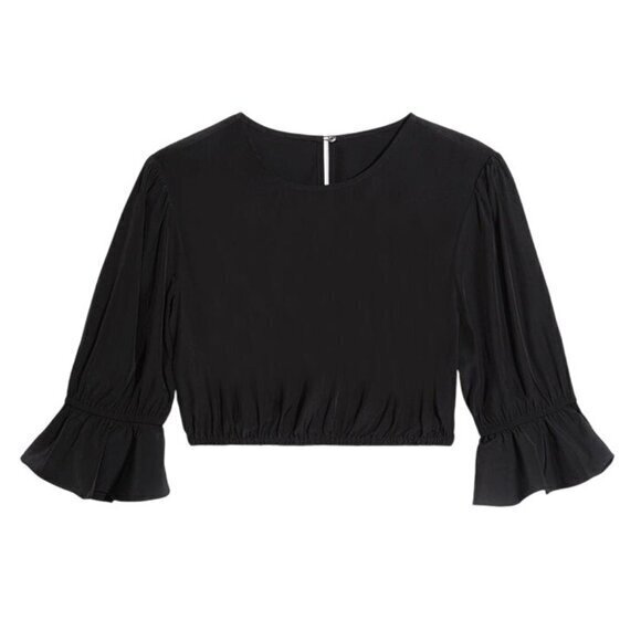 WeWoreThat Tops - Womens Black Cropped Blouse With Elastic Hem & Flared Cuffs M